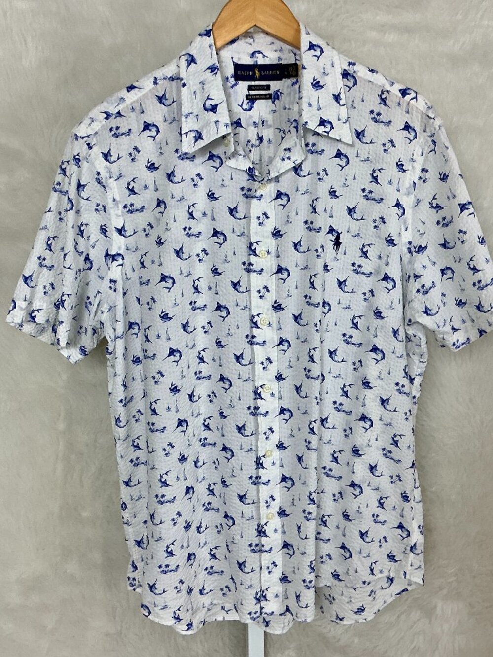 Ralph Lauren Blue White Short Sleeve Seersucker Marlin Button Front Shirt L